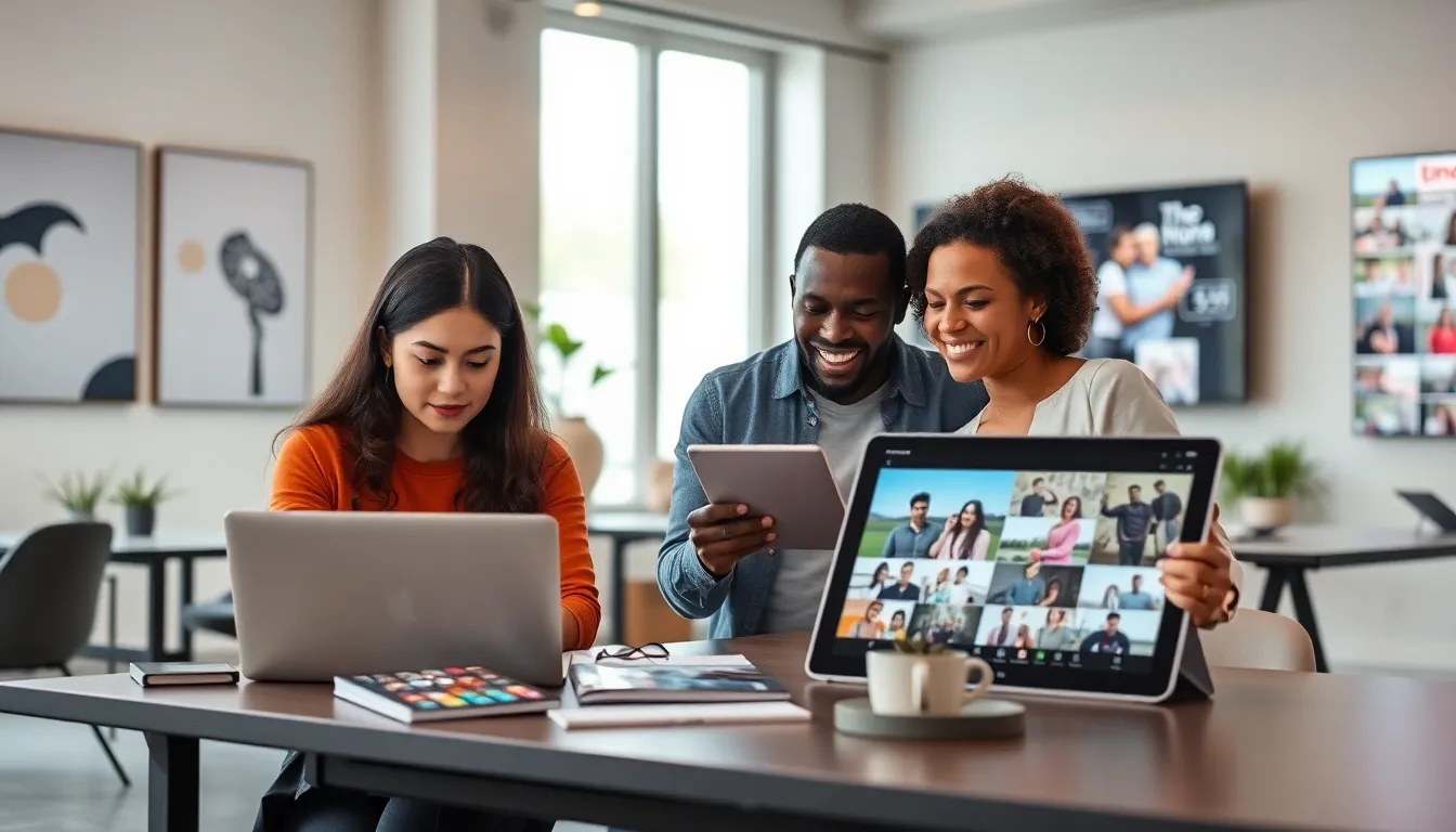 diverse team collaborating and sharing memories on a digital platform.