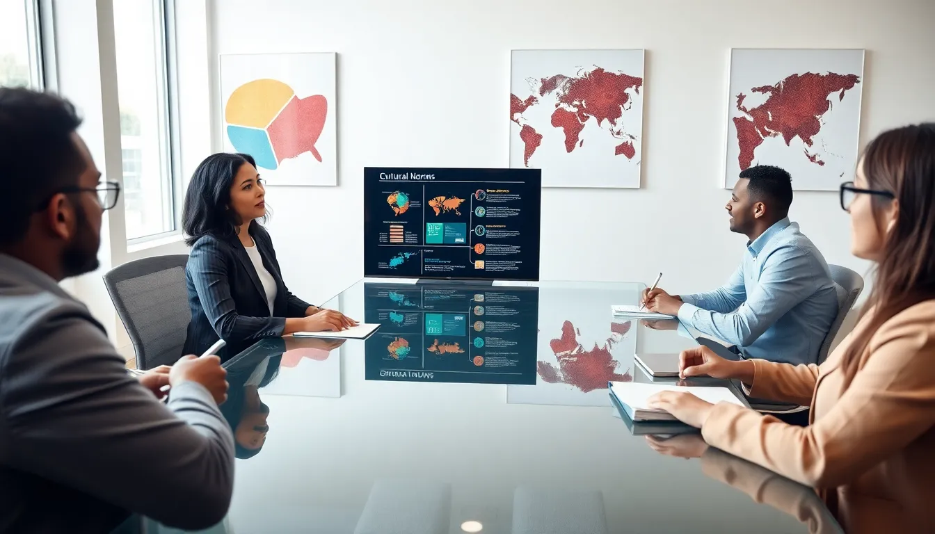 diverse professionals in a modern office discussing cultural analysis