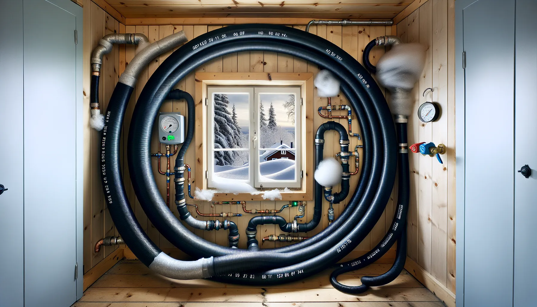 Norwegian plumber inspects insulated hdpe and pex expansion loop in a cold utility room.