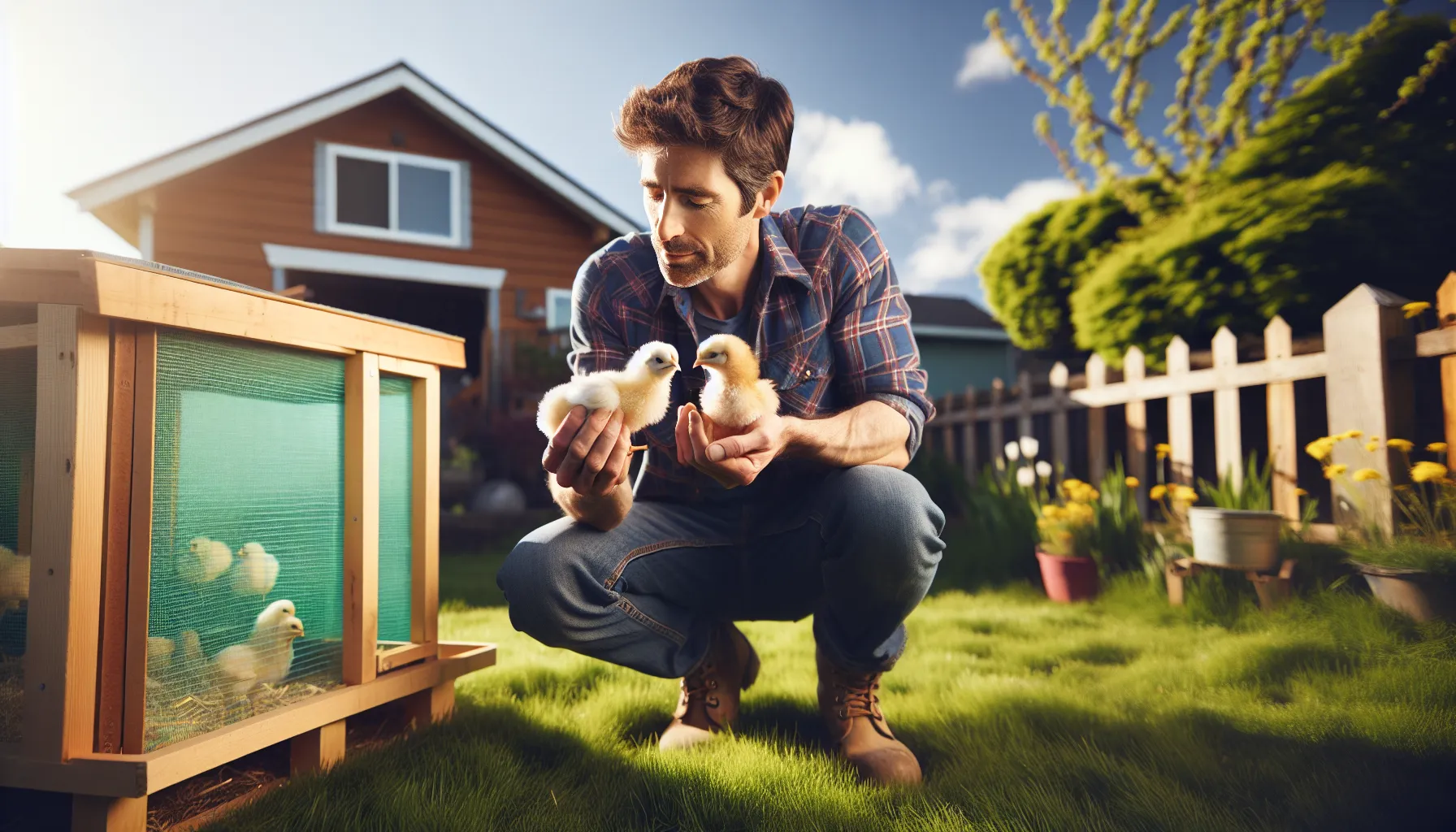 a farmer examining chicks to determine their sex in a backyard.