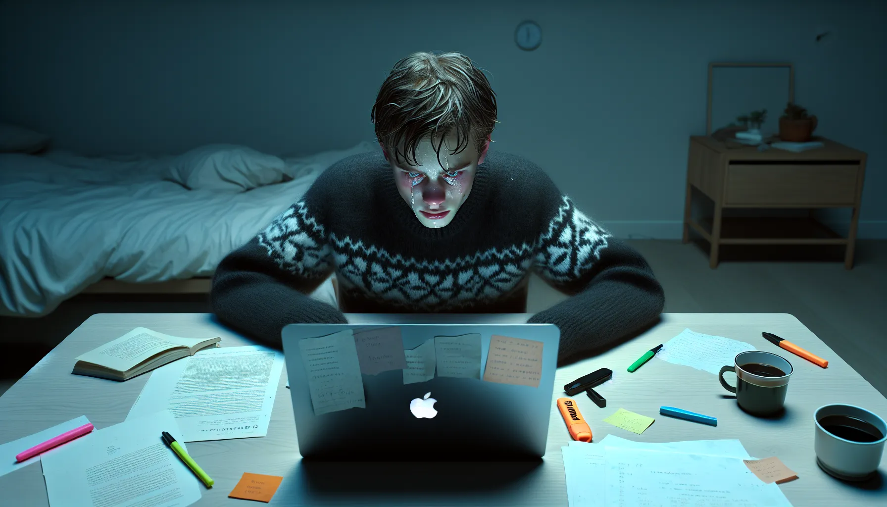 Eksamensangst: konkrete verktøy for å hjelpe tenåringen din med å mestre stress 2 Norwegian teen stressed over a blank exam document late at night.