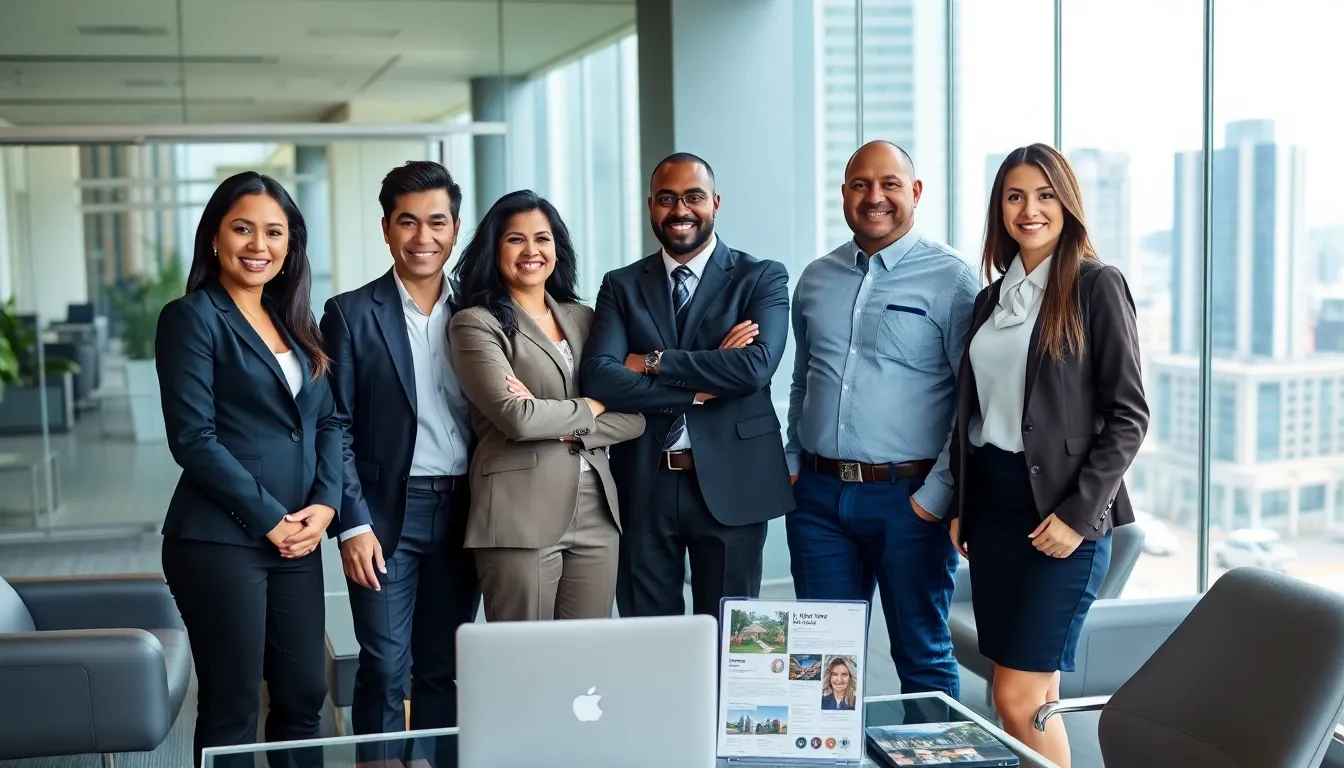 A diverse group of real estate agents posing in a modern office.