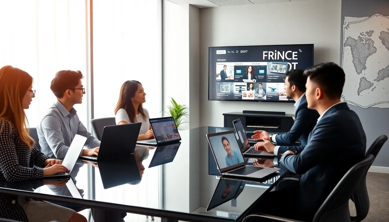 diverse team discussing curated online content in a modern office