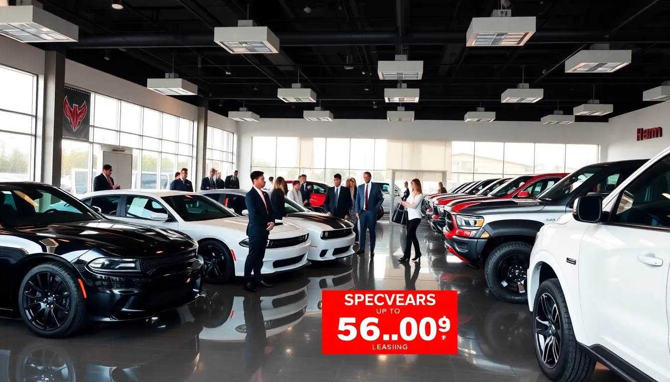Diverse sales team engaging with customers at a Dodge dealership.