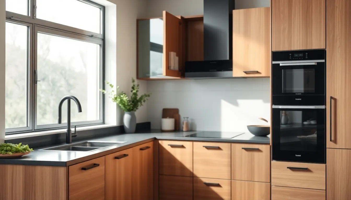 modern kitchen with sleek hardware and smart technology features.