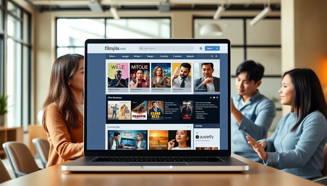 diverse group discussing films around a laptop in an office.