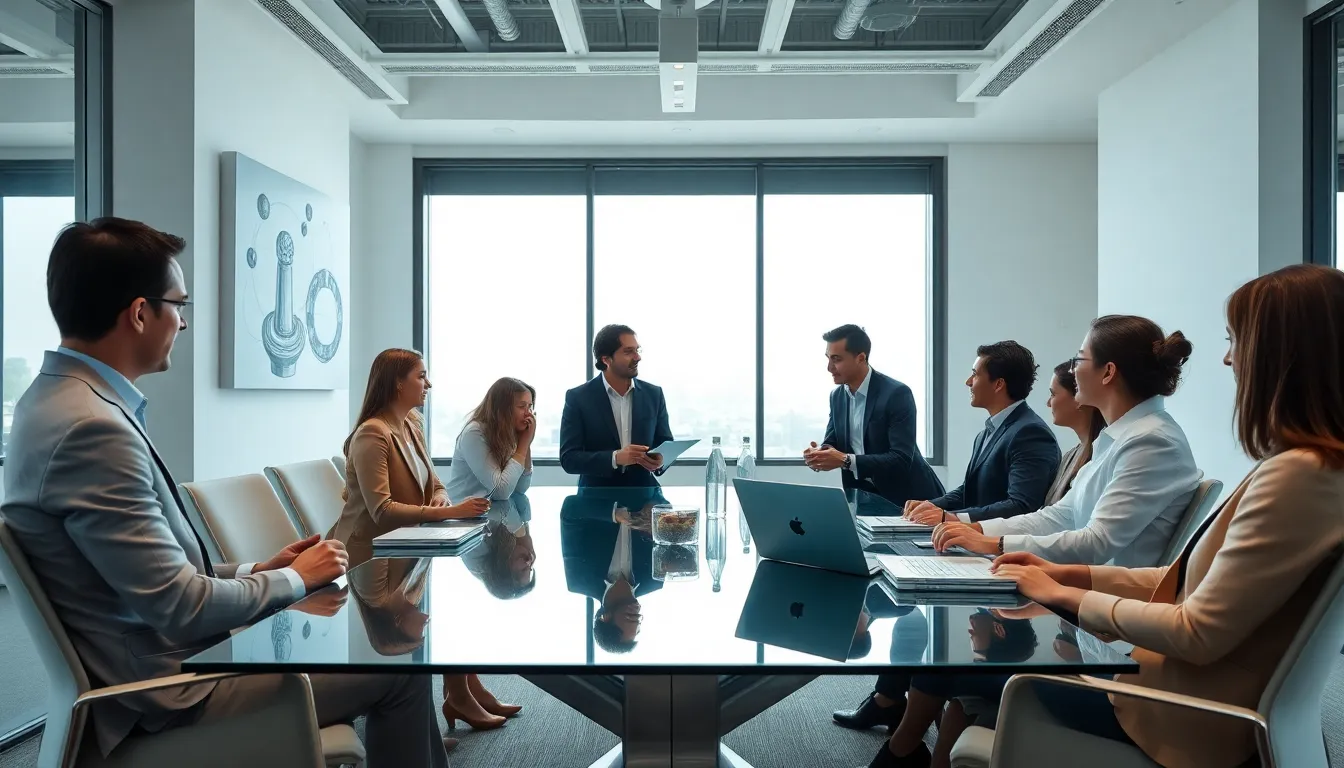 diverse professionals discussing innovative ideas in a modern office.