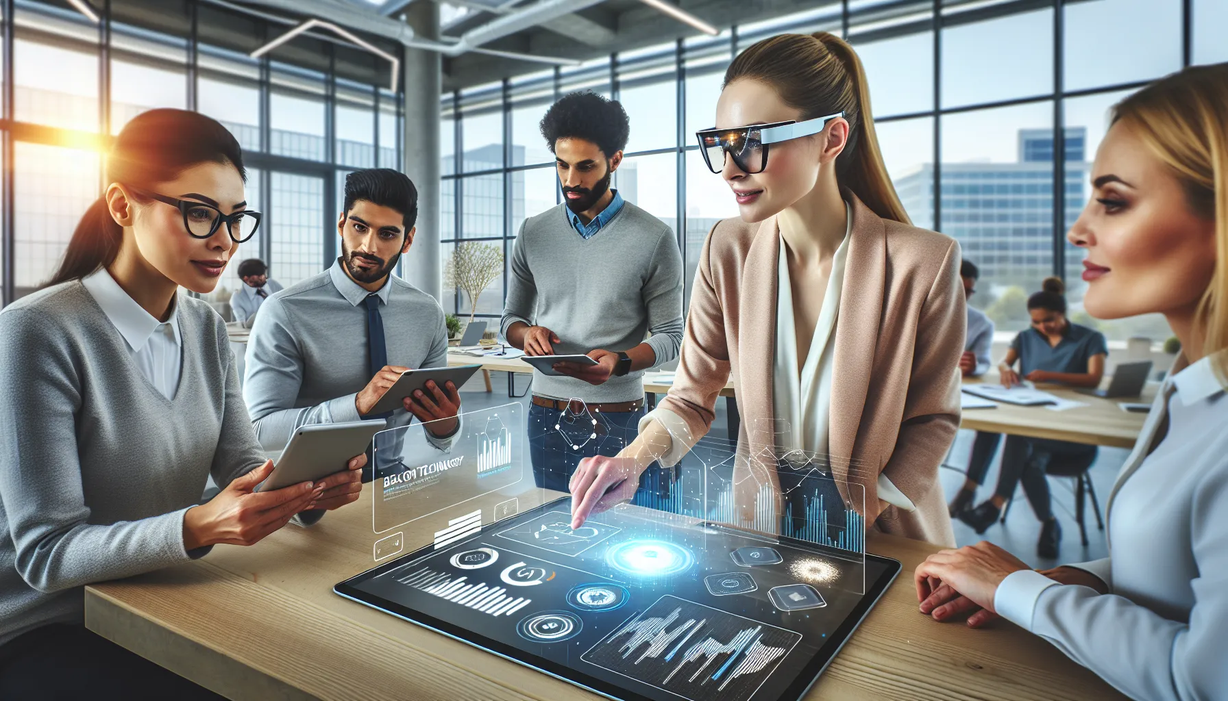 diverse team discussing beacon technology in a modern office.