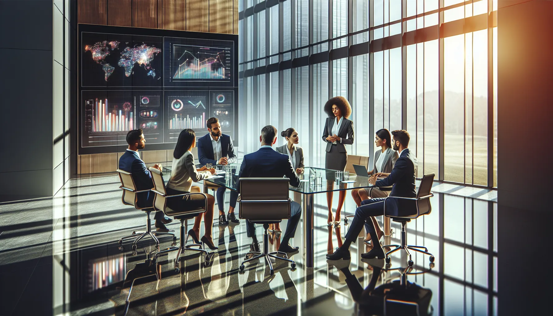 diverse professionals discussing future trends in a modern office.