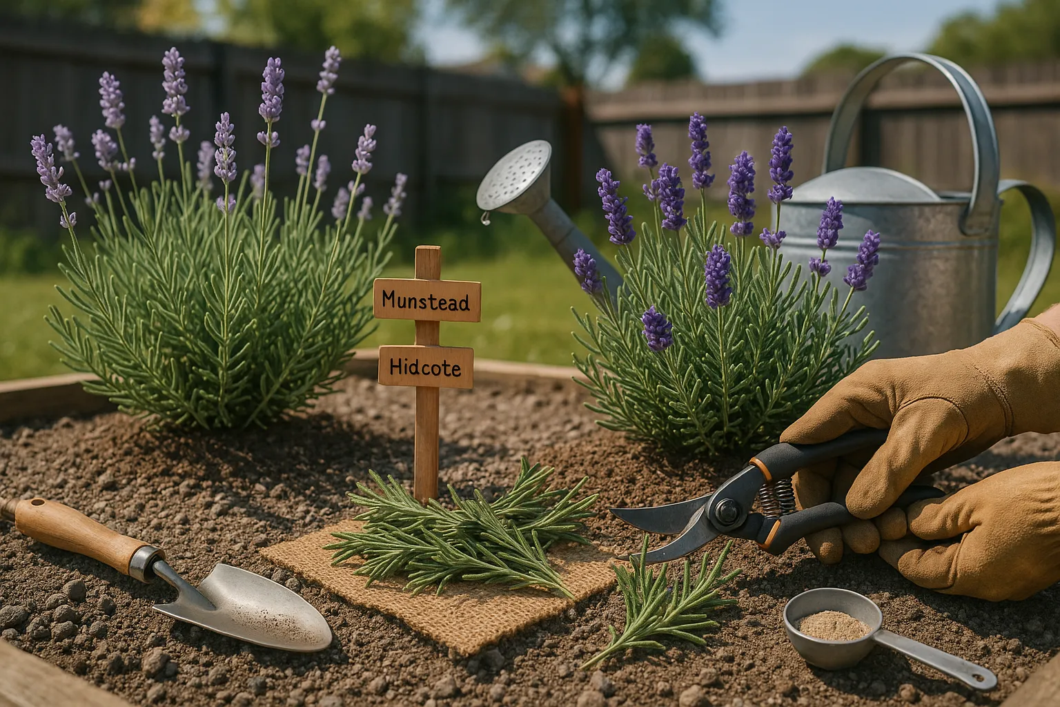 Gardener pruning Munstead and Hidcote lavender in a sunny raised bed.