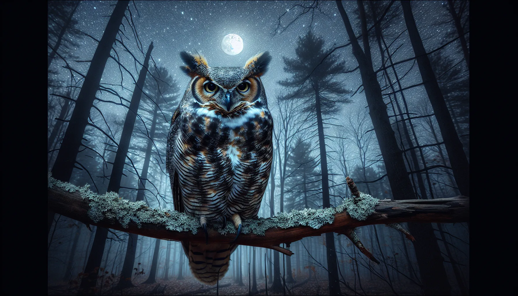 A great horned owl perched under a starry night sky.