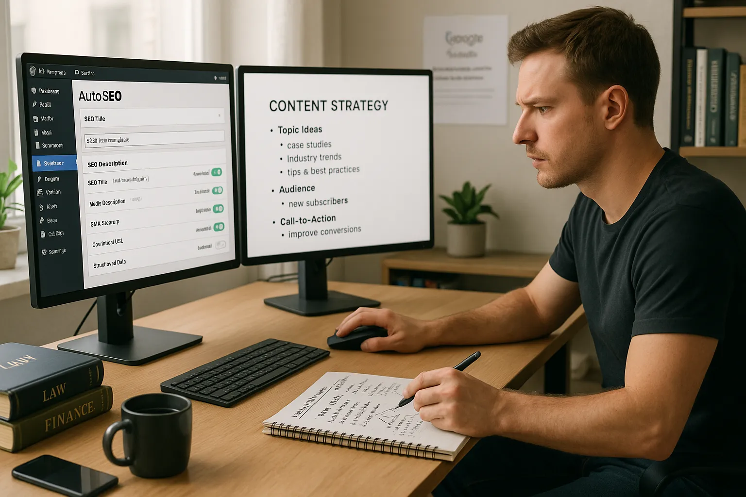 Marketer reviews WordPress auto SEO settings while planning content strategy on second screen.
