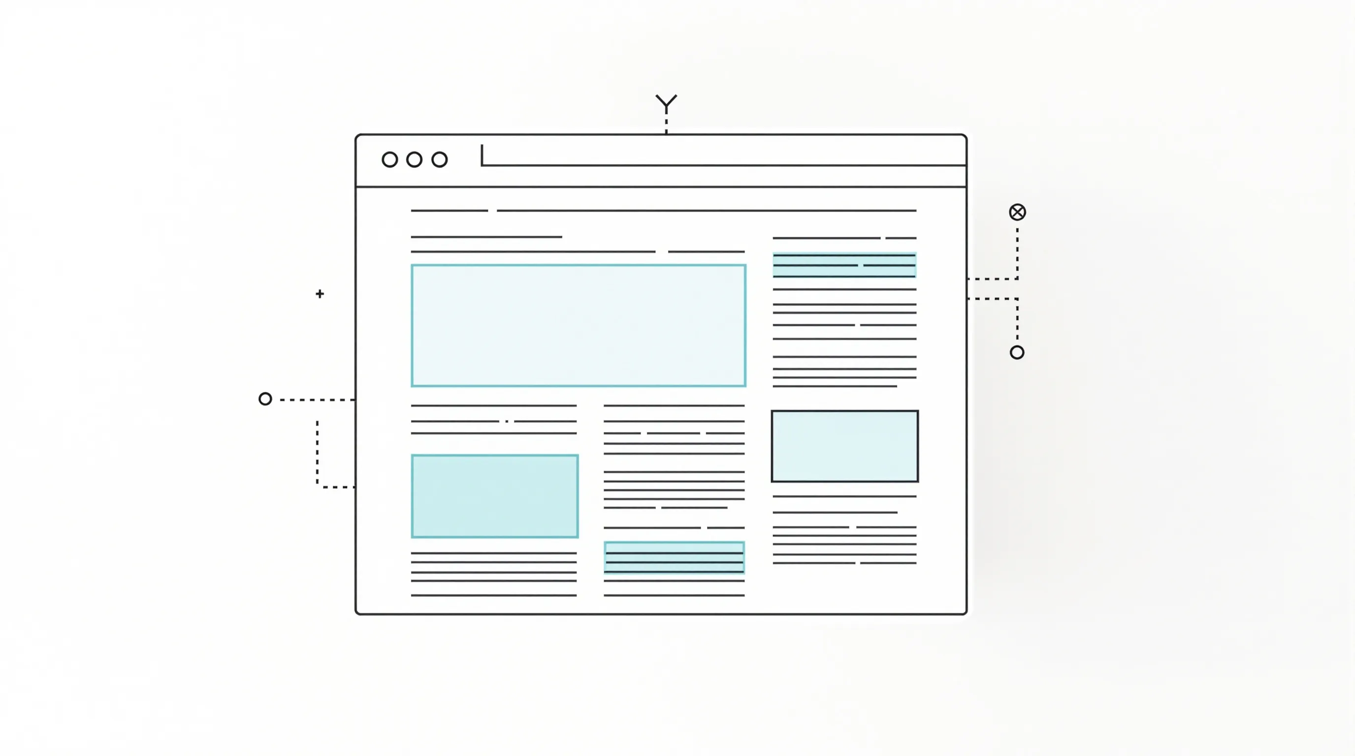 Minimalist webpage wireframe showing SEO keyword placement locations