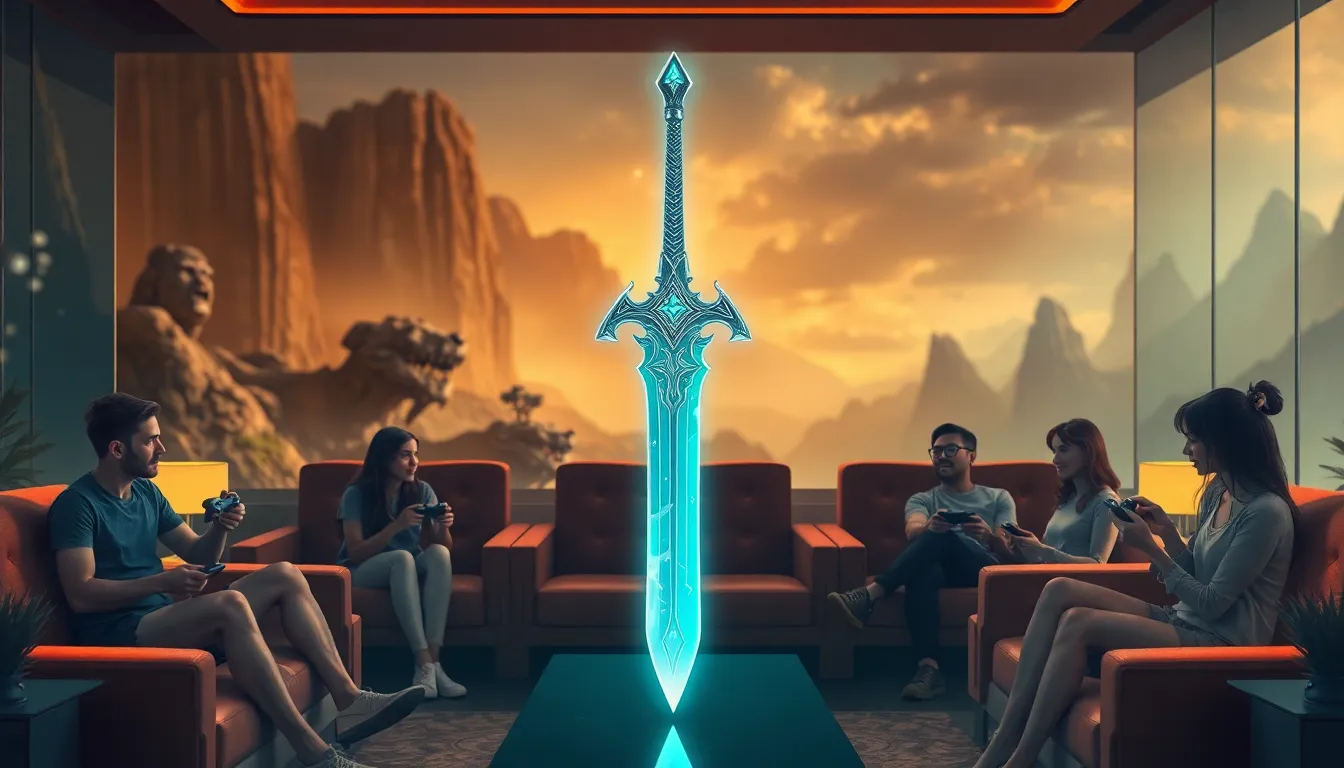 illustration of a mythical sword in a modern gaming lounge.
