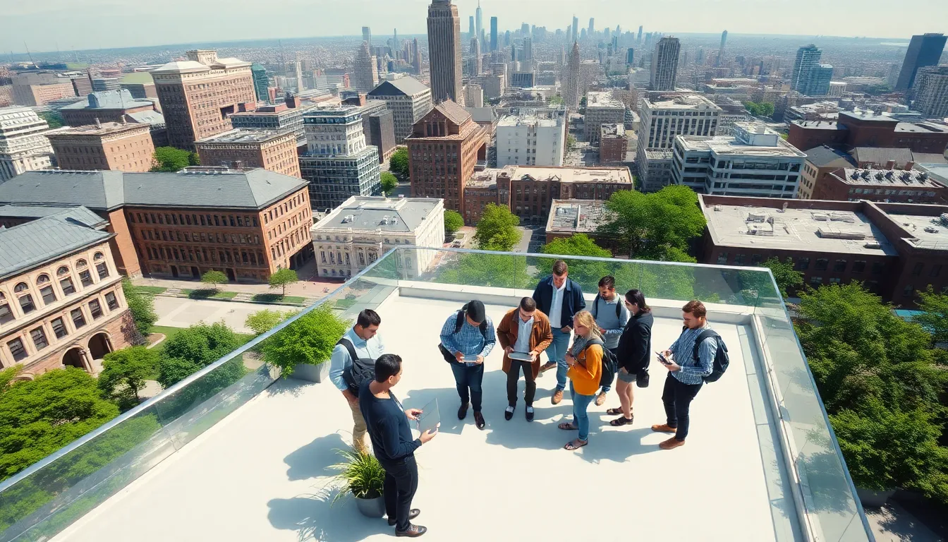 aerial view of Stevens Institute with students collaborating.