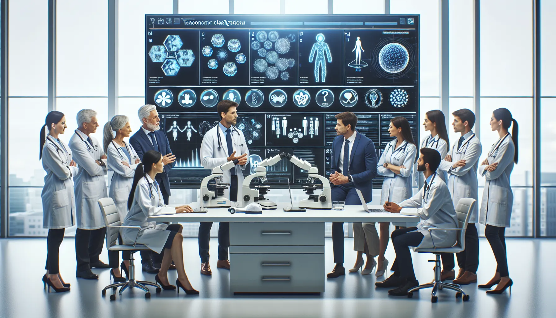 healthcare professionals discussing medical taxonomy in a modern lab.