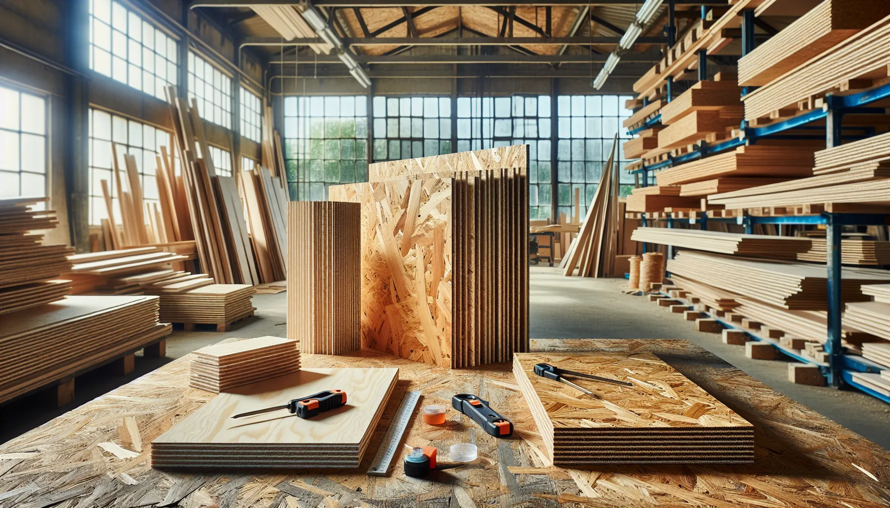 Plywood and OSB boards displayed on a workbench.