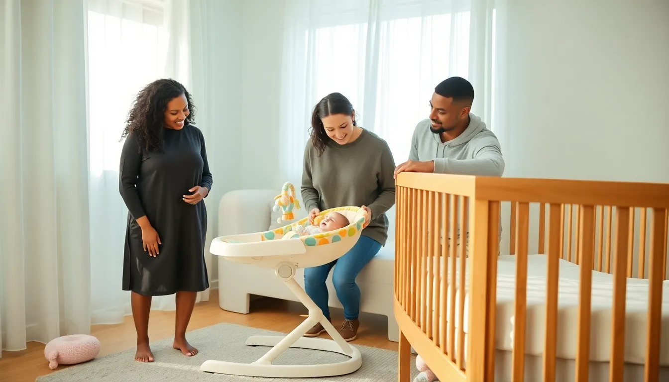 diverse parents watching their baby in a colorful bouncer.