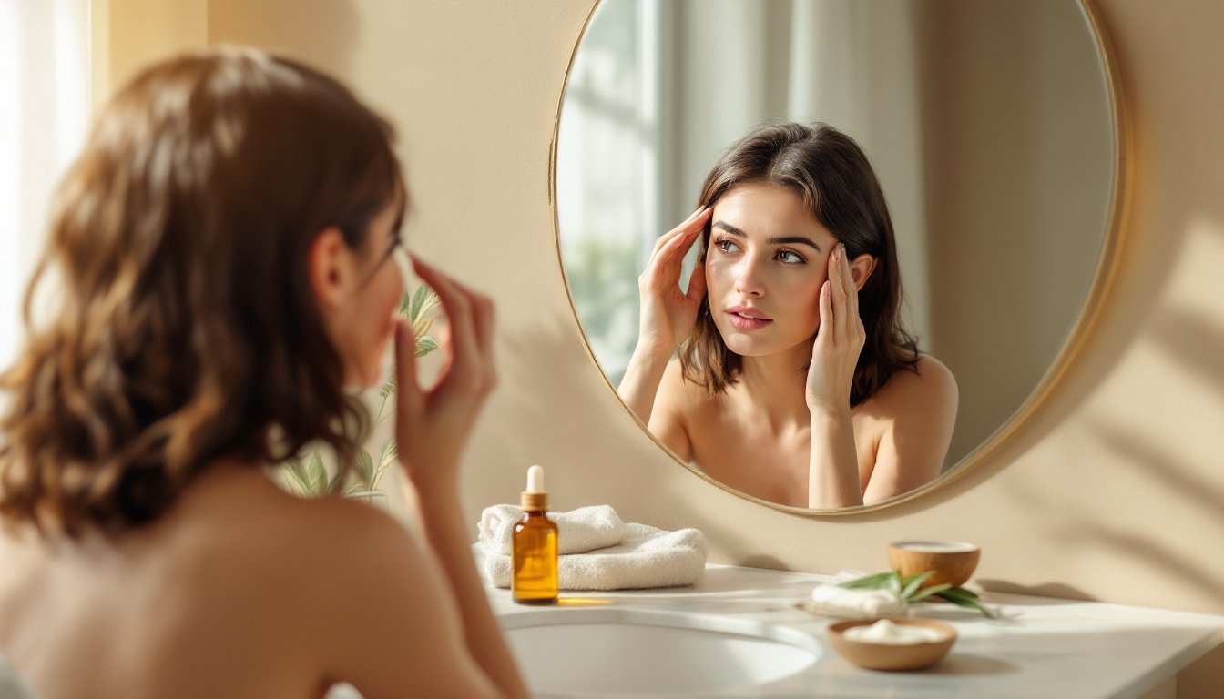 Woman examining her scalp in a mirror with sesame oil and neem leaves nearby.