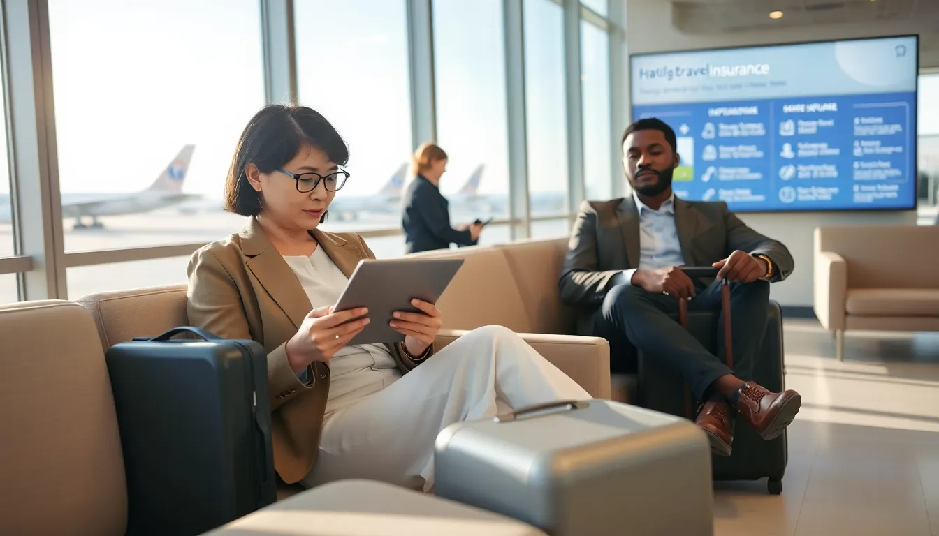 diverse travelers reviewing travel insurance at an airport lounge.