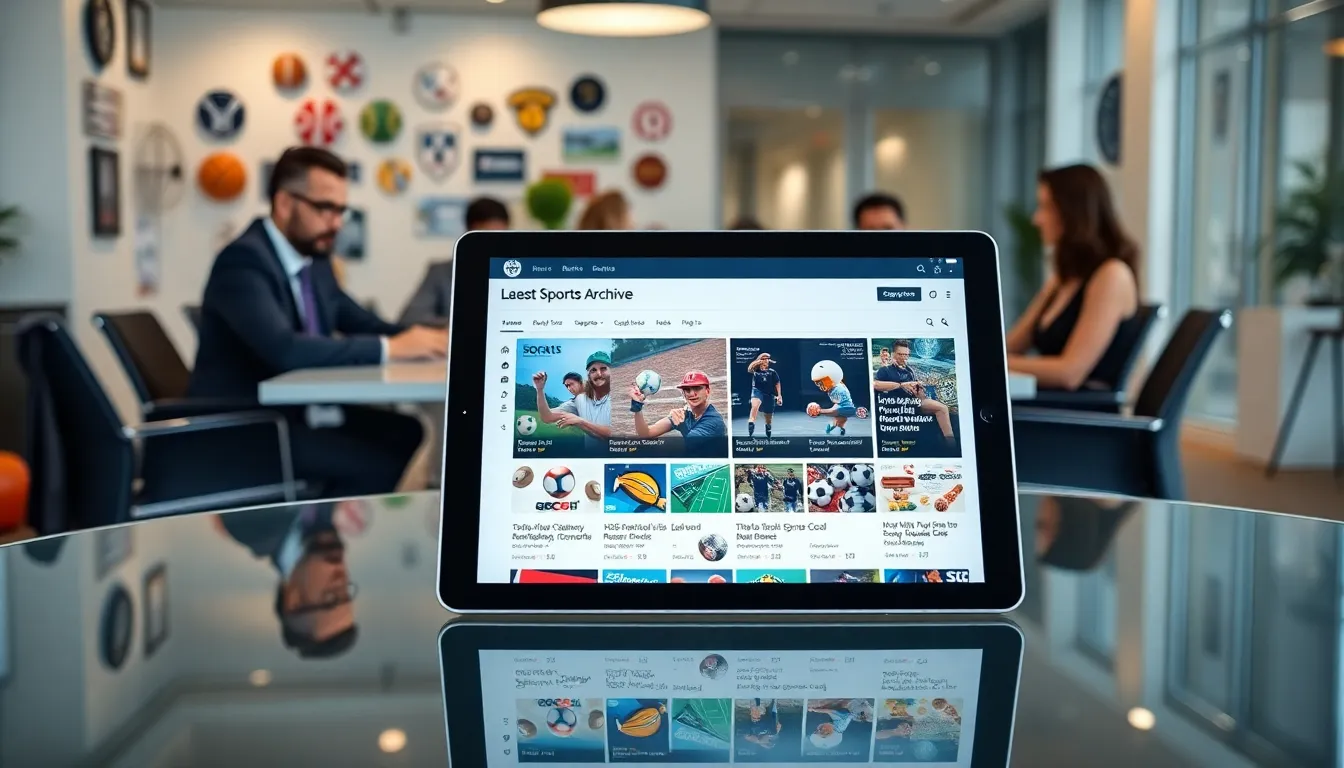 tablet displaying curated sports news in a modern office.