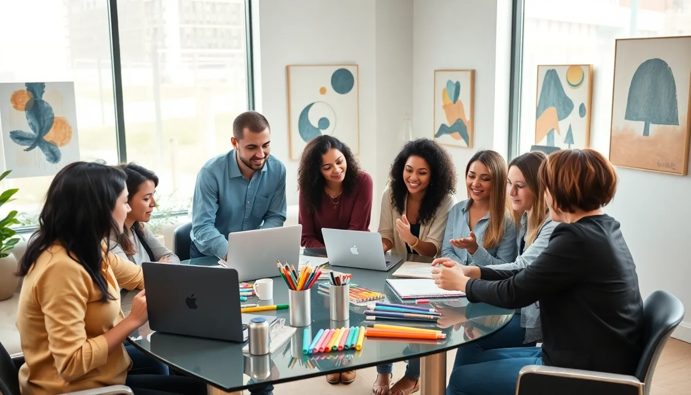 diverse team brainstorming in a vibrant, modern office setting.