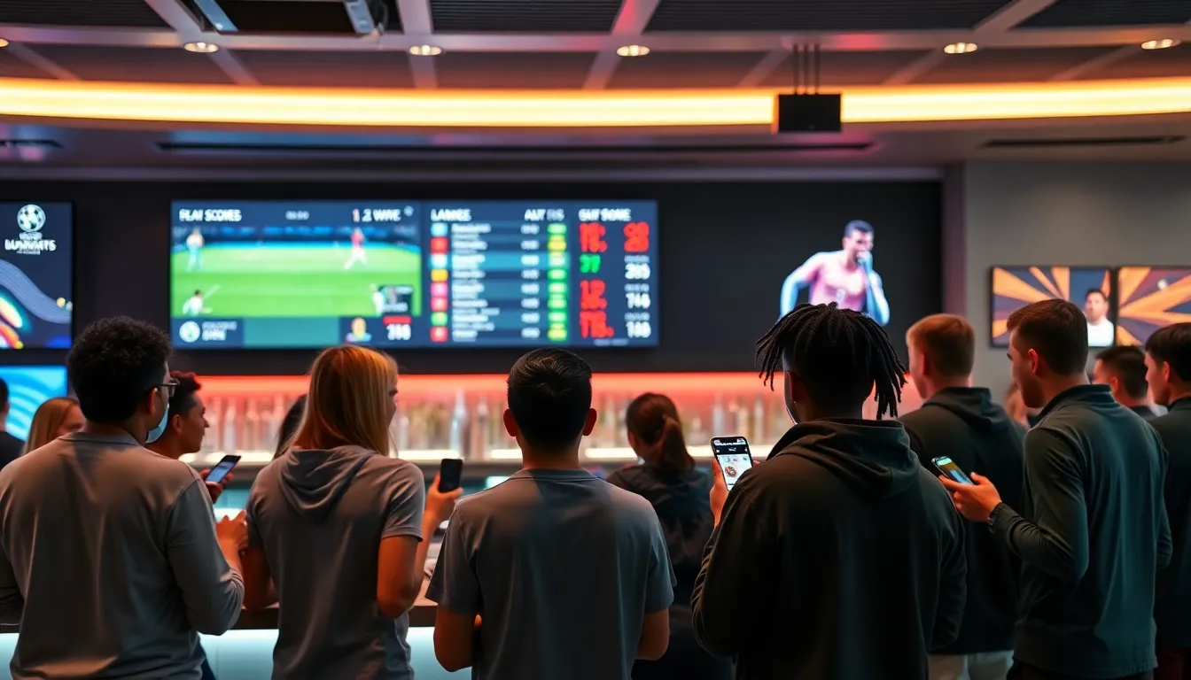 digital interface showing live sports scores in a modern sports bar.