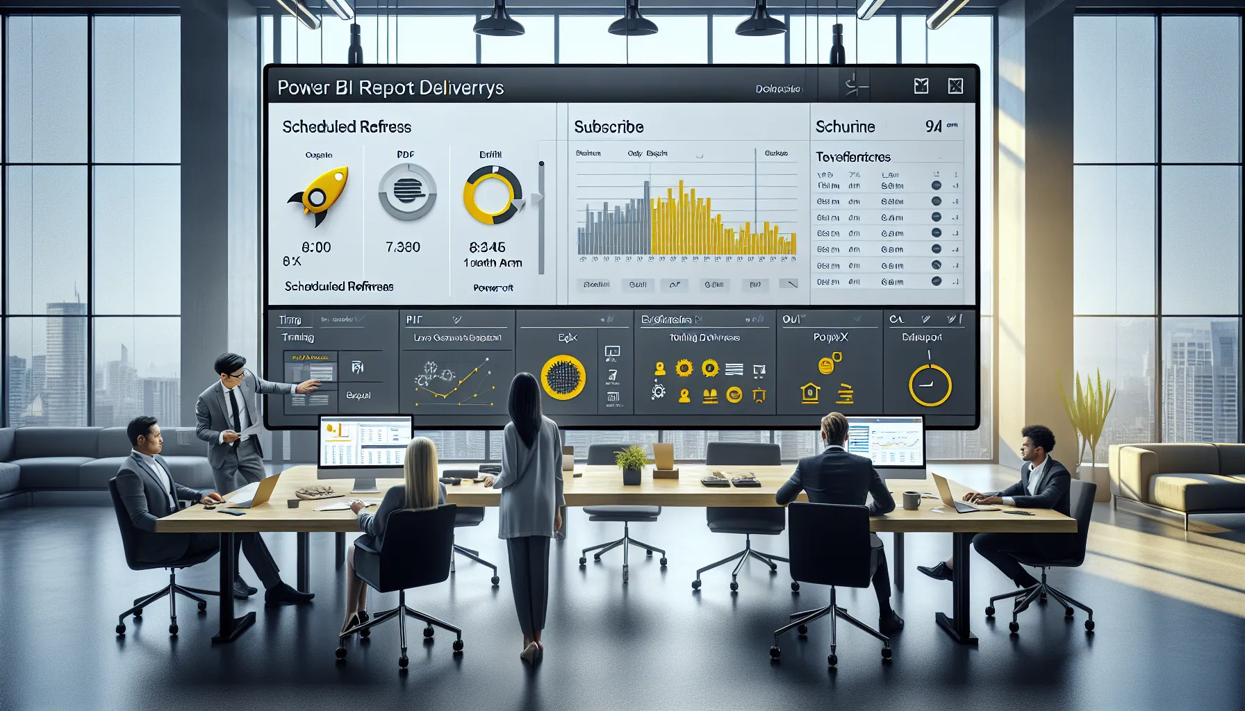 Analytics team scheduling automated Power BI report emails and exports in a modern office.