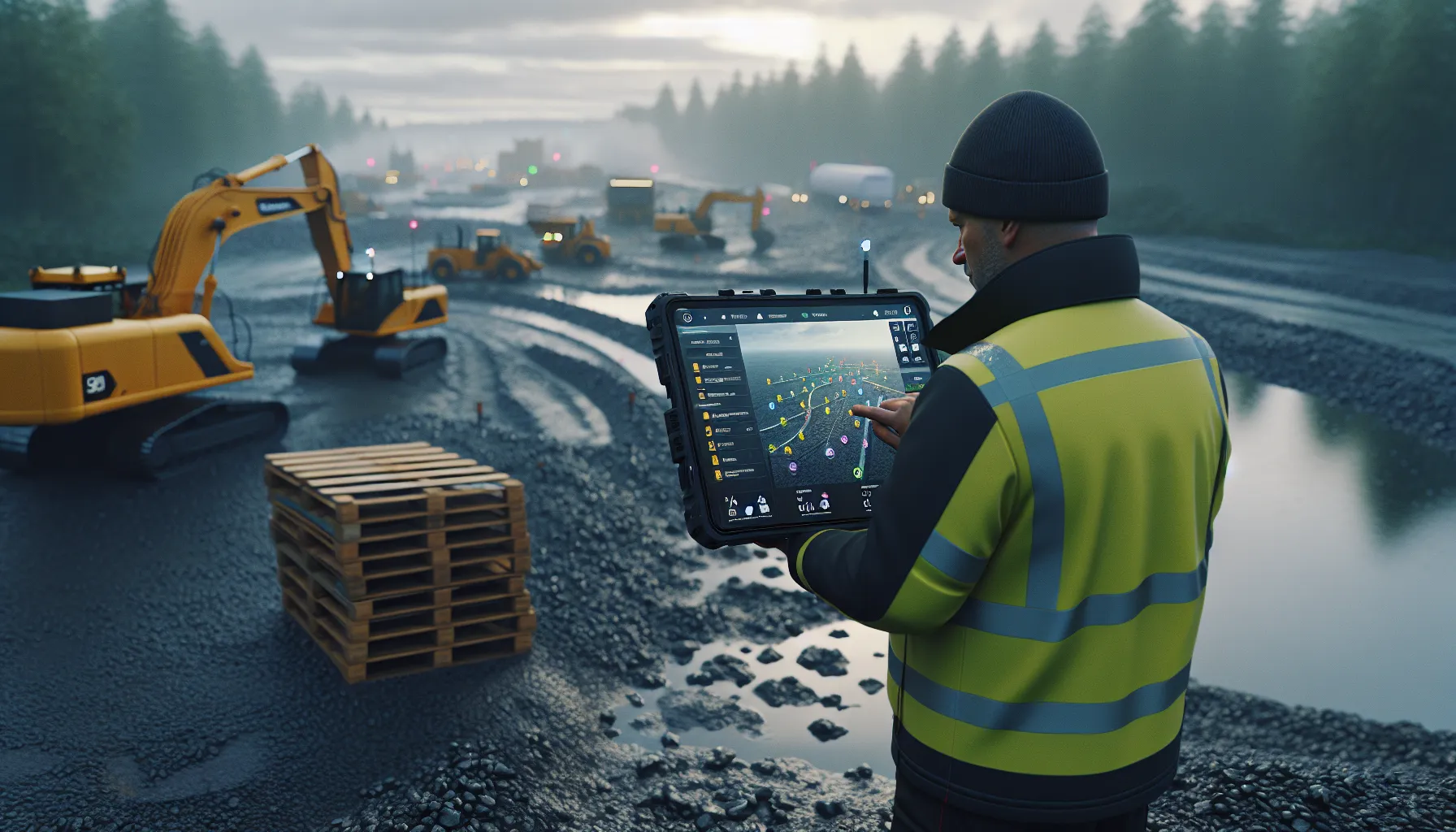 Norwegian site manager checks telematics map showing geofenced machines on a construction site.