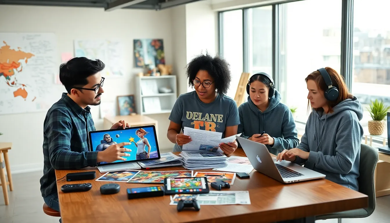 a diverse team of game developers collaborating in a creative office space.