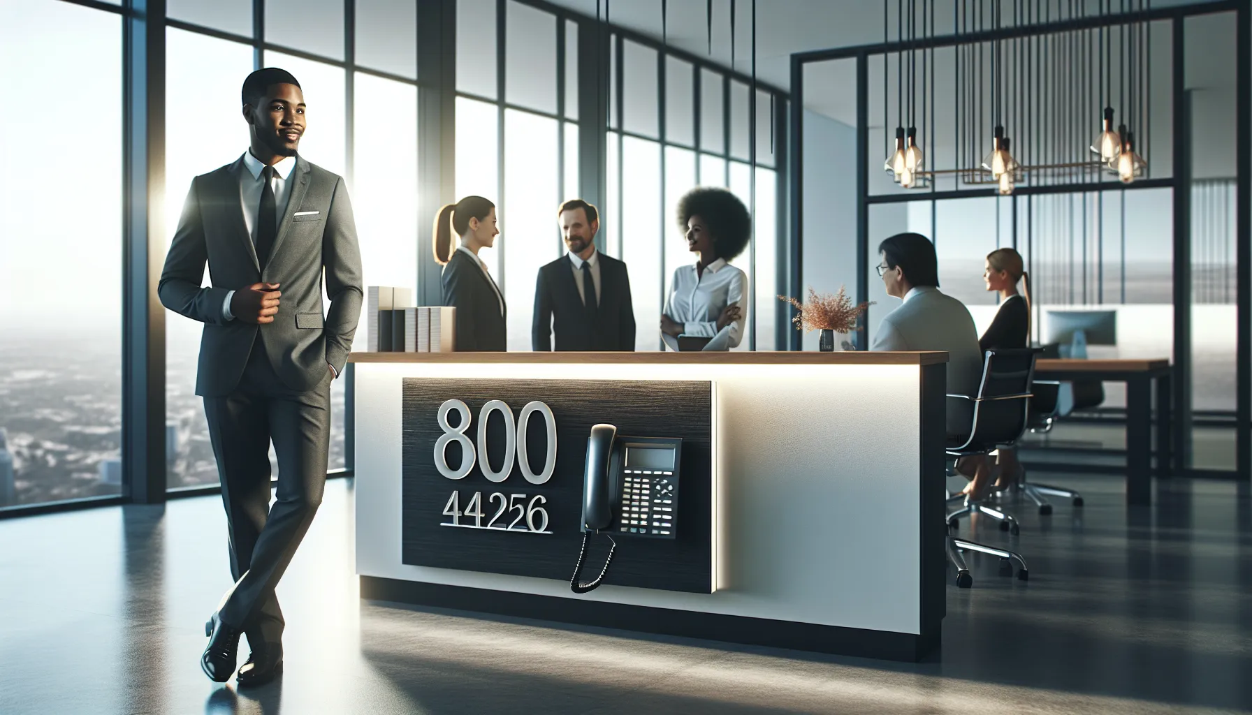 professional reception area with 800 number display and diverse team.