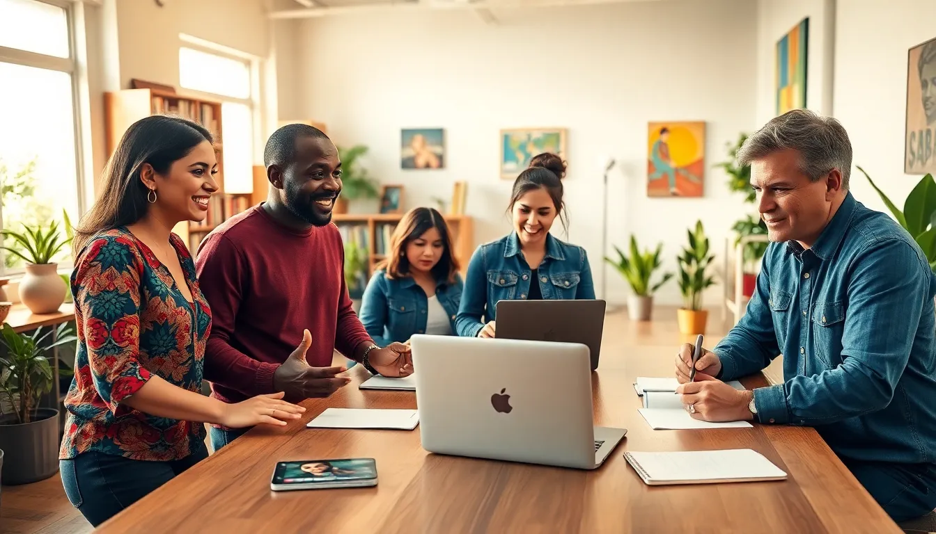 A diverse group discussing ideas in a collaborative workspace.