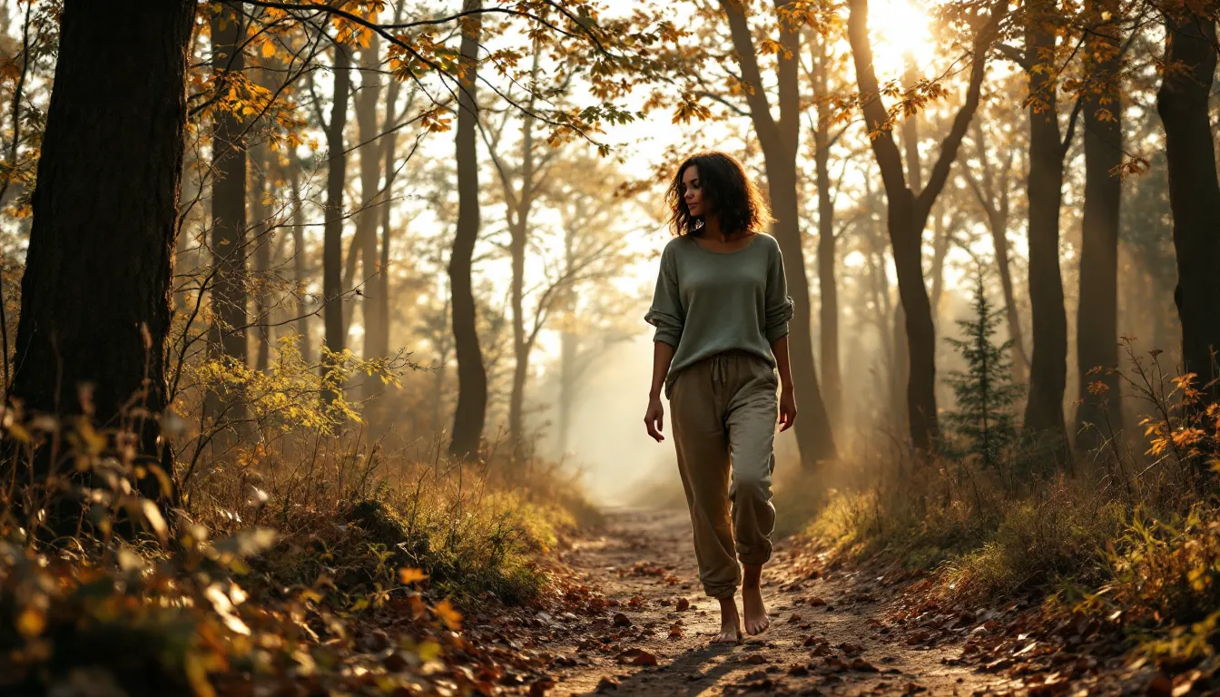 Woman walking barefoot on a peaceful forest trail in soft morning light.