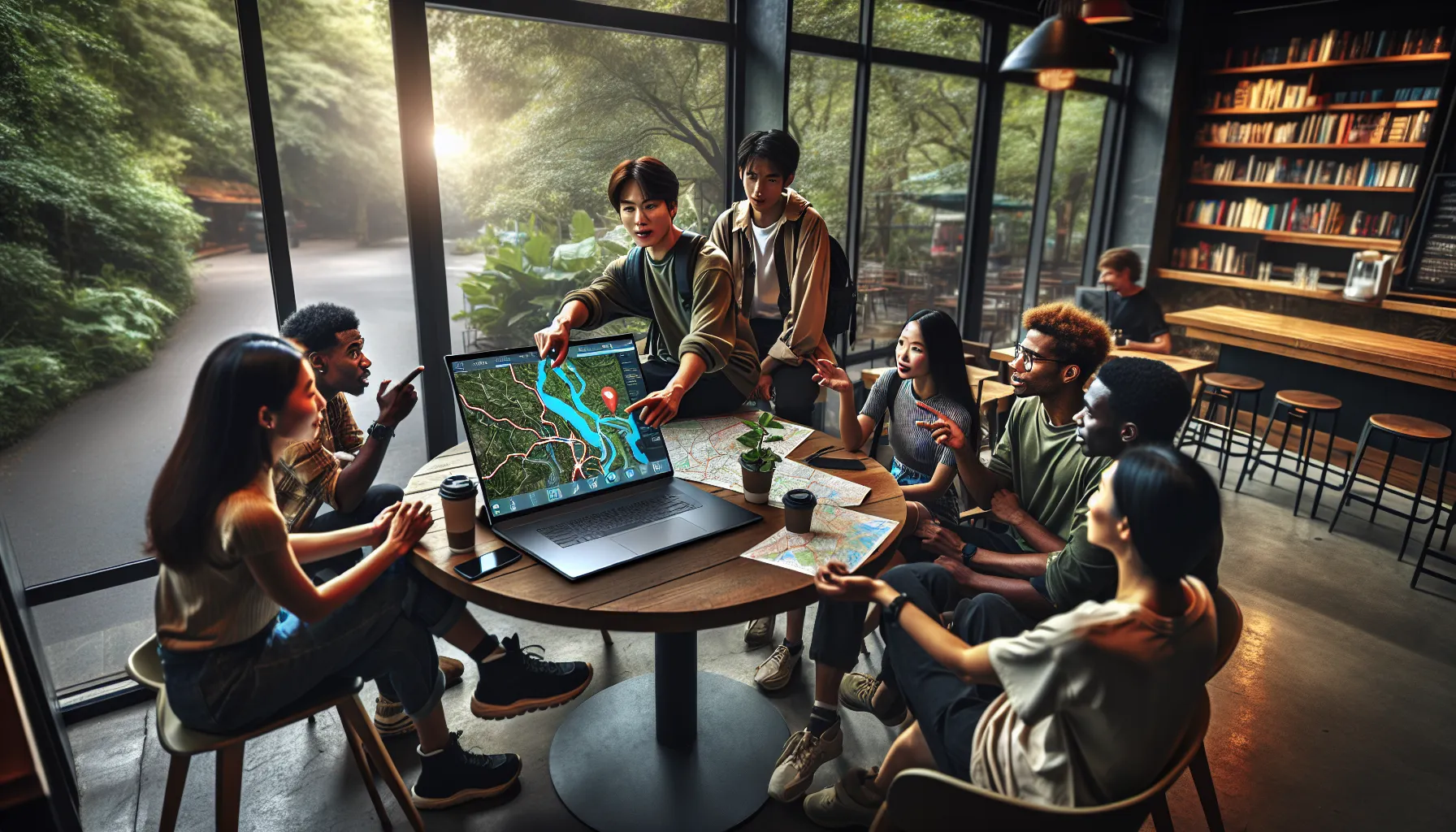 diverse group planning an adventure using an interactive map in a caf&eacute;.