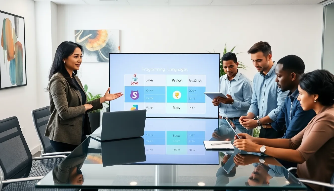 diverse team discussing programming and scripting languages in an office.