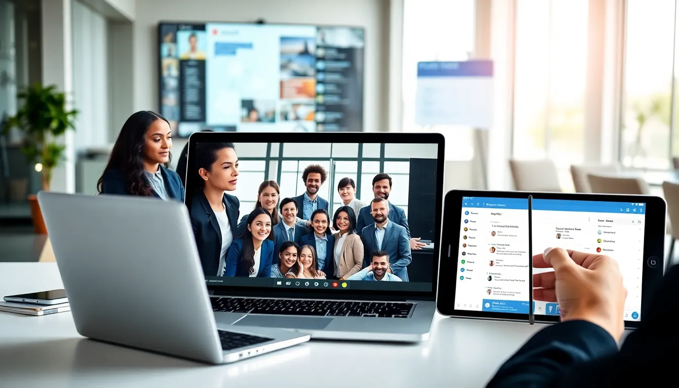 diverse professionals collaborating using a digital platform in a modern office.