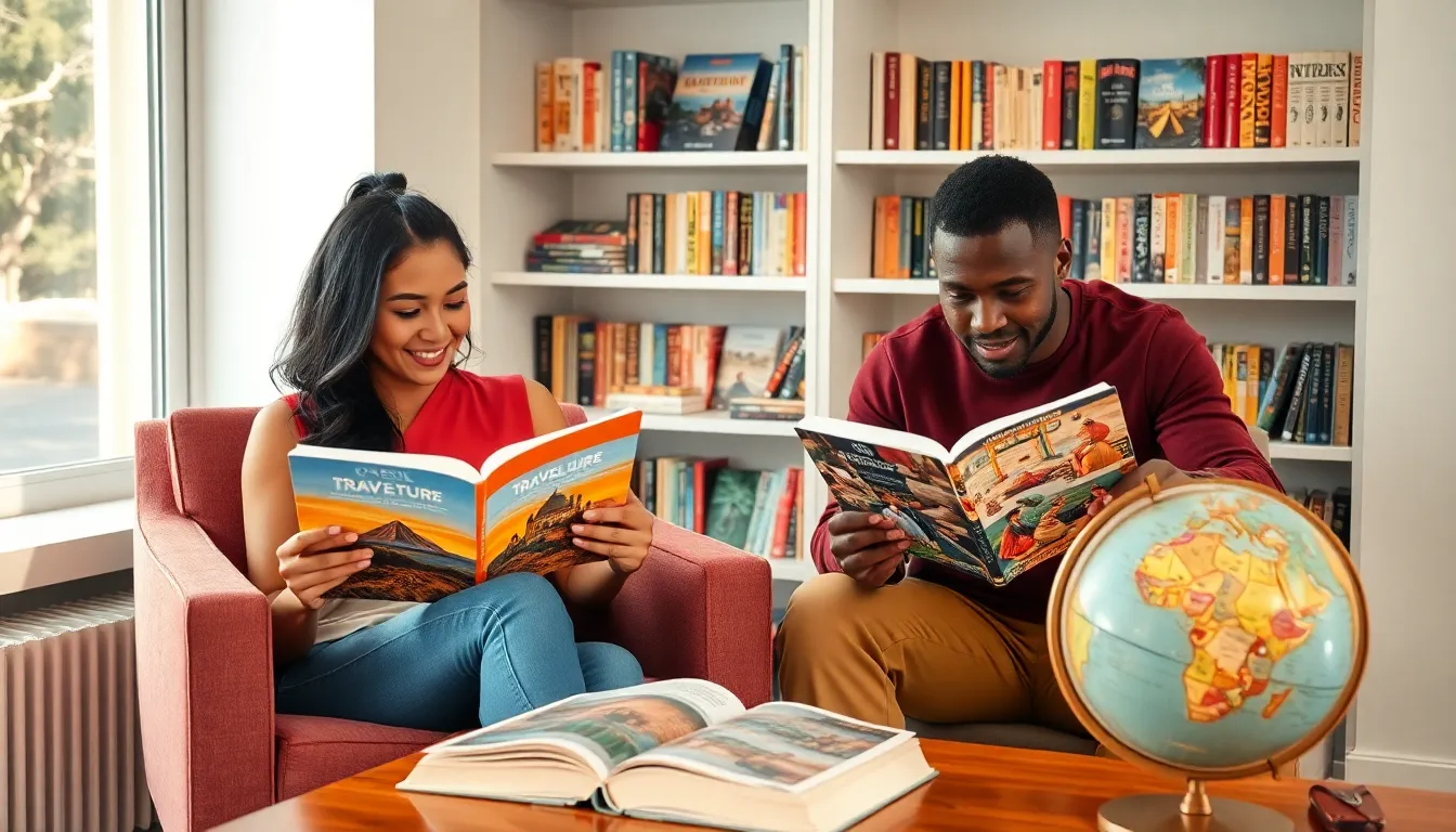 diverse group reading travel adventure books in a cozy nook.
