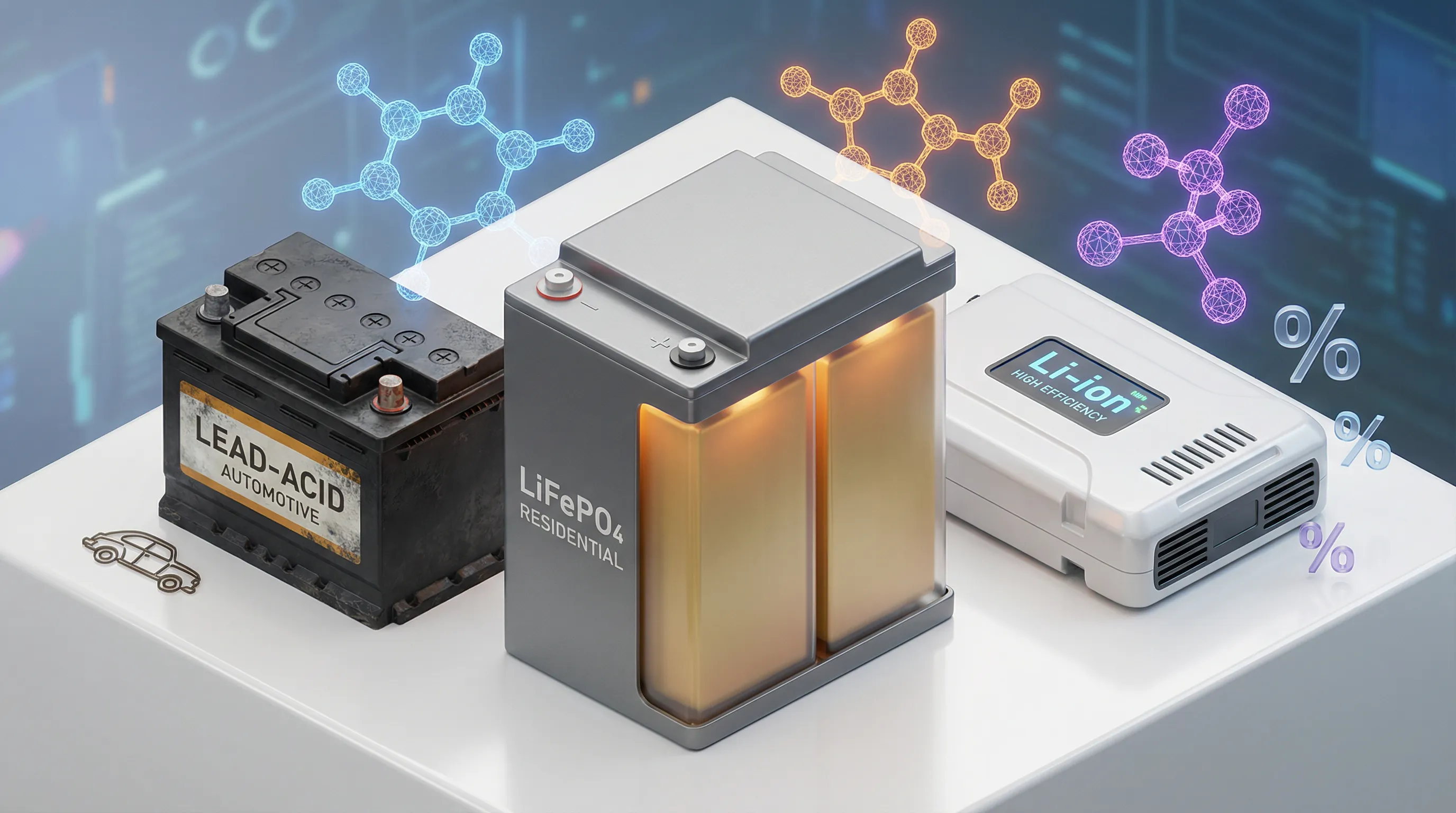 3D render comparing LiFePO4, lithium-ion, and lead-acid battery storage technologies side by side.