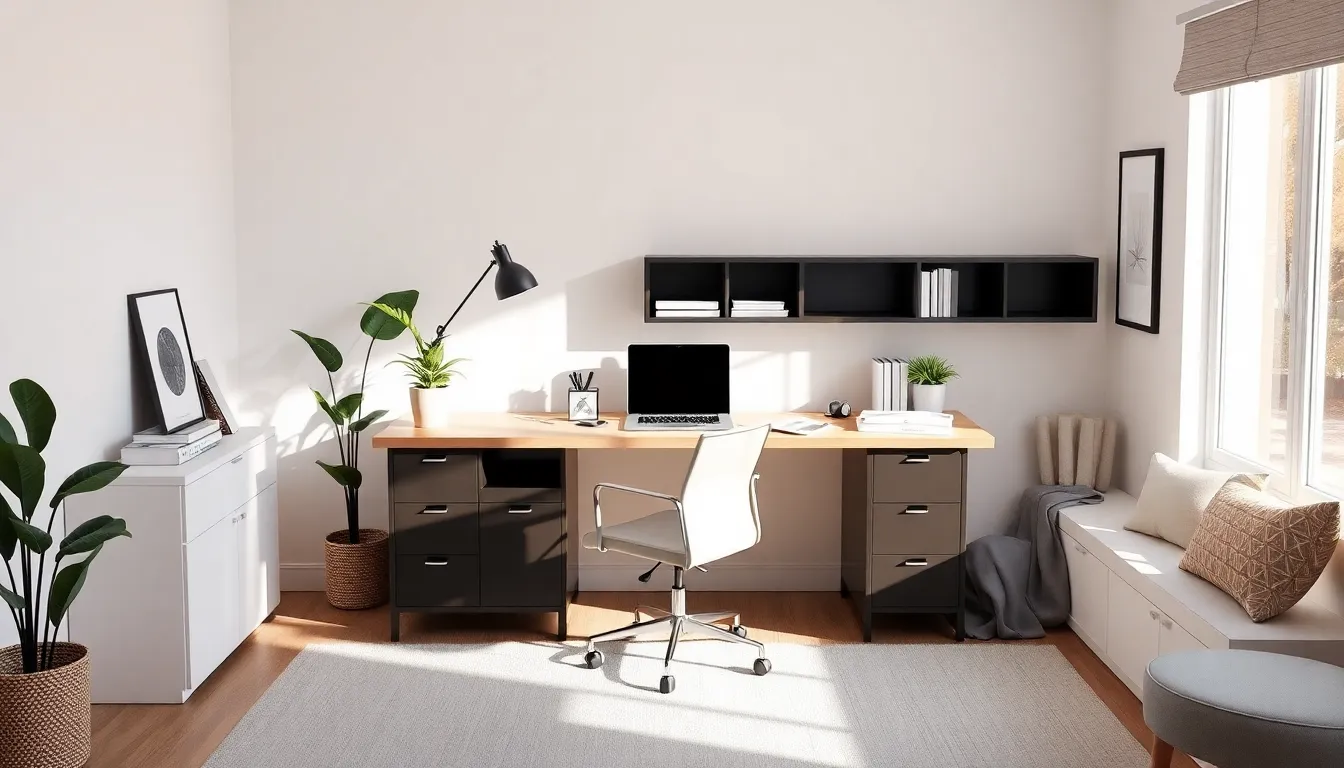 modern home office featuring a sleek L shaped desk.