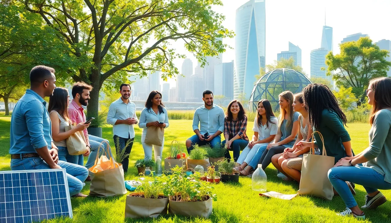 diverse group discussing sustainable living solutions outdoors.