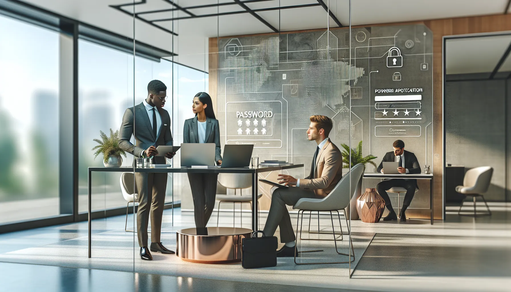 diverse team discussing online account security in a modern office.