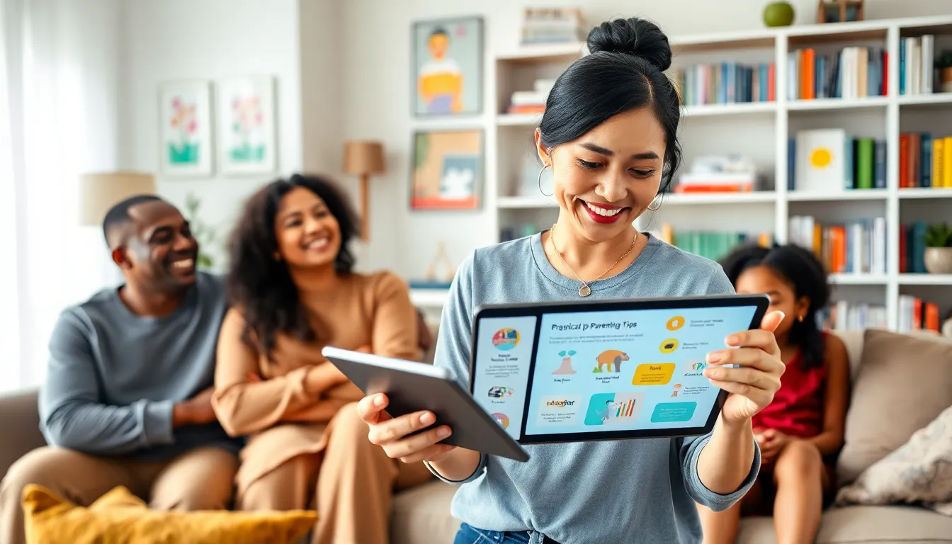 parents sharing parenting hacks in a cozy family living room.