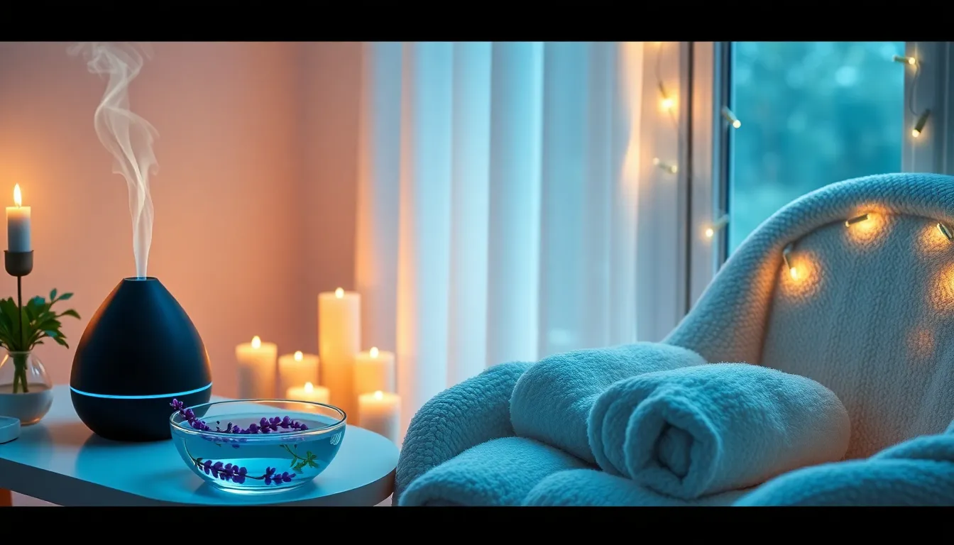 a cozy home spa setup with candles, essential oils, and soft lighting.
