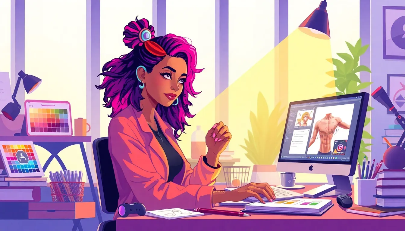 artist creating in a modern workspace, reflecting creativity and technology.