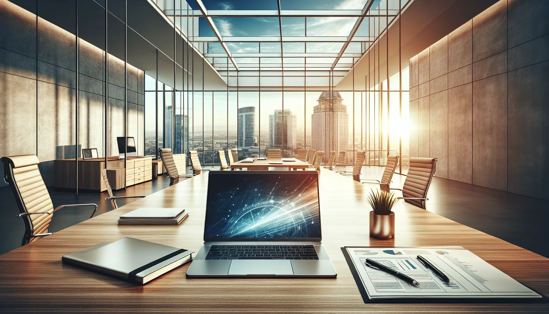 A modern office desk with a new laptop and documents by a city window.