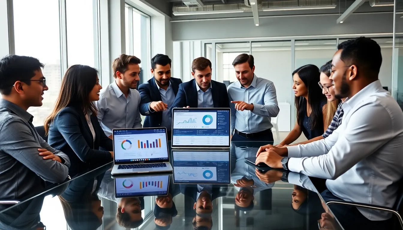 diverse team collaborating on legacy systems in a modern office.
