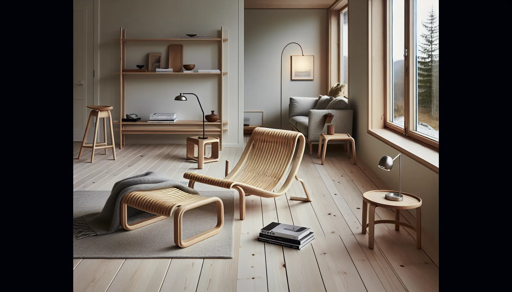 Norsk design: minimalisme møter funksjonalitet 3 Norwegian minimalist living room with a bentwood chair and functional stacked furniture.