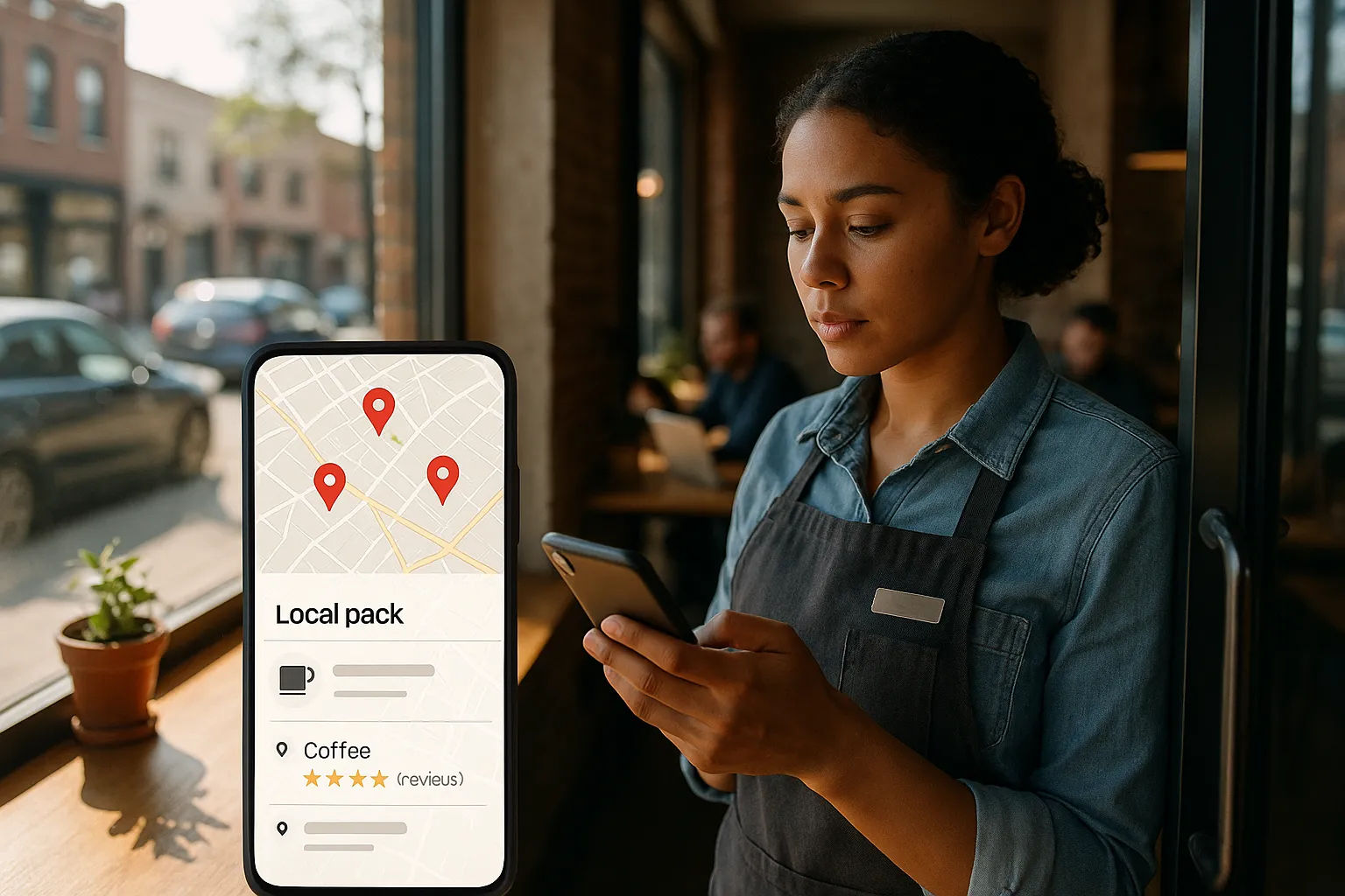 Coffee shop owner checking local Google Maps search results on her smartphone.