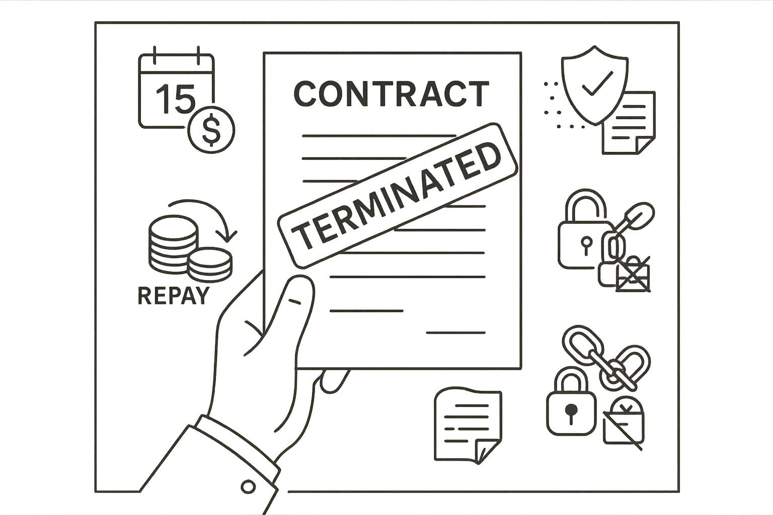 hand holding a terminated contract with icons for pay, repayment, malpractice, and covenants.