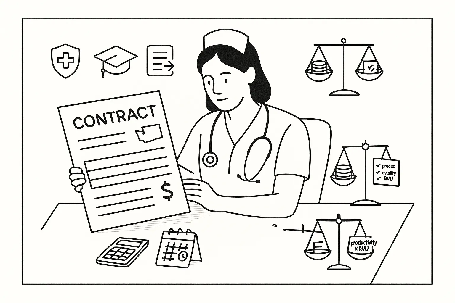 Nurse practitioner reviewing a contract with scales, calculator, and benefits icons.